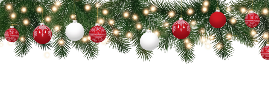 Seamless decorative christmas border with coniferous branches and garlands on transparent background, cutout