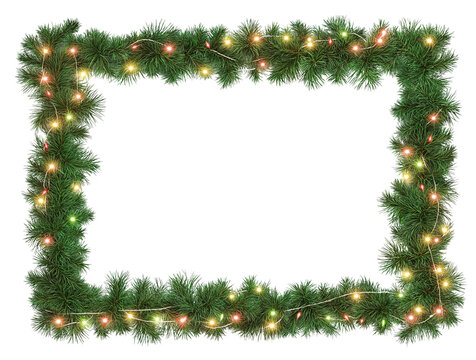 Seamless decorative christmas border with coniferous branches and garlands on transparent background, cutout - Powered by Adobe