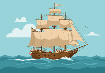 Cartoon illustration of a vintage tall ship with full sails navigating the ocean waves. A historic wooden galleon on a nautical adventure.