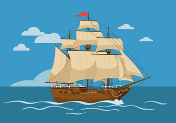 A detailed vector illustration of a vintage sailing ship, a majestic galleon with full sails navigating the open ocean waves under a blue sky.