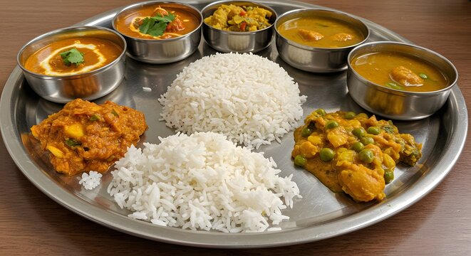"Tradicional comida Thali india servida con chutneys y dal"
