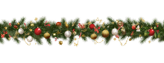 Seamless decorative christmas border with coniferous branches and garlands on transparent background, cutout