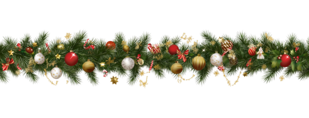 Seamless decorative christmas border with coniferous branches and garlands on transparent background, cutout