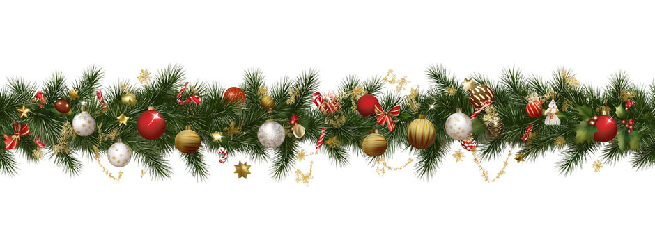 Seamless decorative christmas border with coniferous branches and garlands on transparent background, cutout