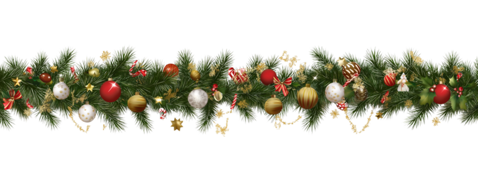 Seamless decorative christmas border with coniferous branches and garlands on transparent background, cutout