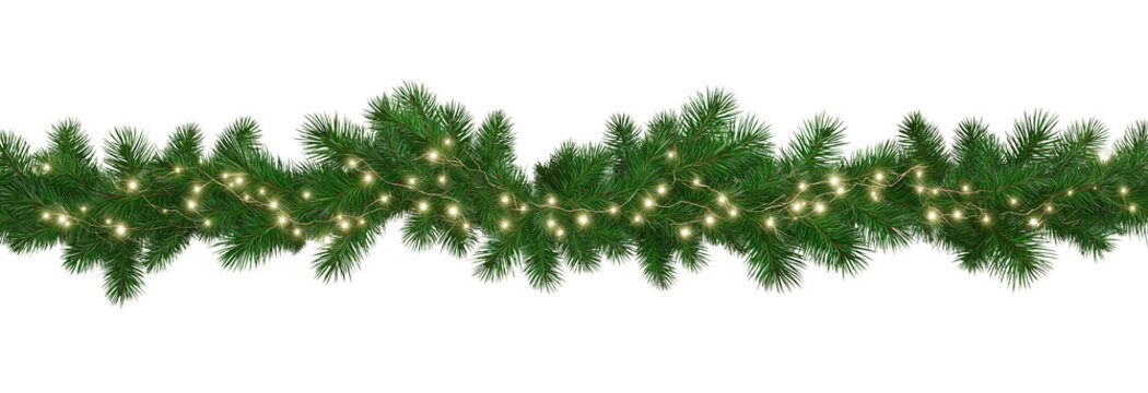 Seamless decorative christmas border with coniferous branches and garlands on transparent background, cutout