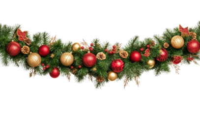 Seamless decorative christmas border with coniferous branches and garlands on transparent background, cutout