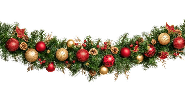 Seamless decorative christmas border with coniferous branches and garlands on transparent background, cutout