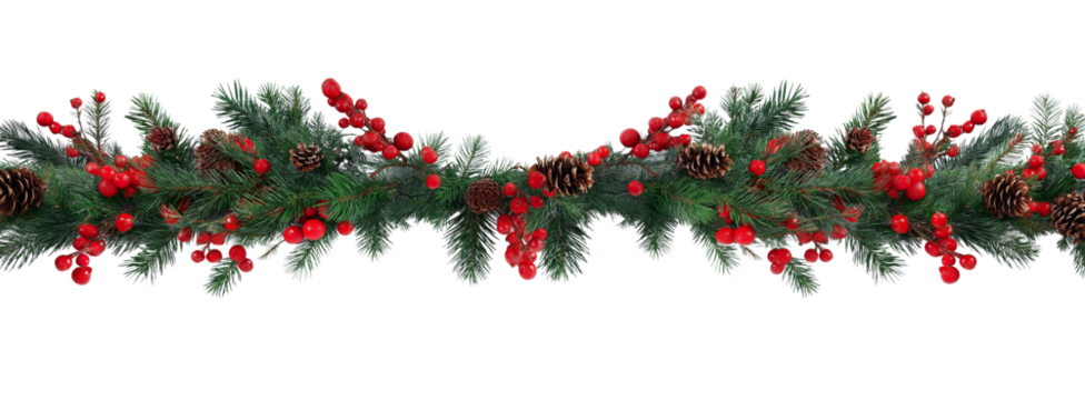 Seamless decorative christmas border with coniferous branches and garlands on transparent background, cutout