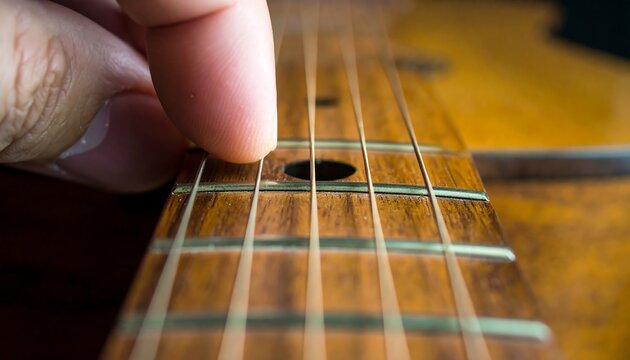 A close-up view of a hand adjusting the strings of a wooden acoustic guitar, showcasing the fretboard and strings in sharp focus.