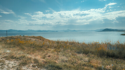 A tranquil natural landscape with a grassy foreground, water body, small island, and partly cloudy sky exudes serenity and spaciousness.