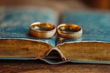 wedding rings rest on an open book.
