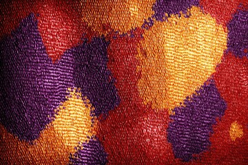 Abstract textured pattern in vibrant reds, oranges, and purples