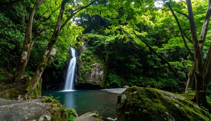 Lush waterfall cascading into a tranquil pool, surrounded by dense forest