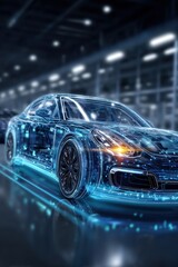 Futuristic car design in a high-tech environment.