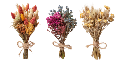 Three bunches of dried flowers in varying colors