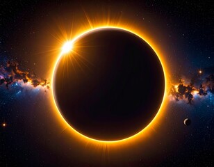 Obraz premium Generated image, Solar eclipse with glowing golden aura, cosmic space background, ultra-realistic, high-resolution digital art.