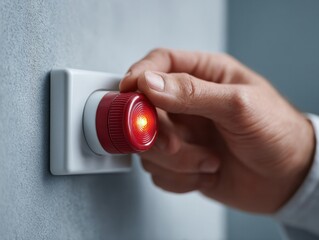 Activating emergency alert system office environment action shot close-up safety awareness concept