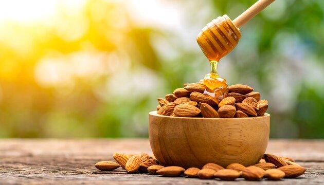 Honey drizzles over a wooden bowl filled with almonds on a rustic wooden surface, bathed in natural light.