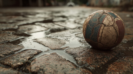 Old cracked football on wet cobblestone street after rain