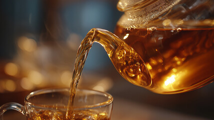 Close-up of pouring tea from glass teapot into cup