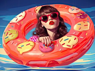 Colorful illustration of woman floating in giant donut-shaped pool toy with sprinkles.