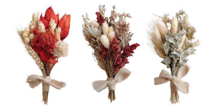 Three small bouquets of dried flowers, in red, beige, and muted tones.  Each is tied with a light beige ribbon