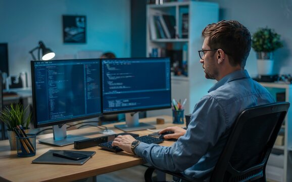 Software developer writing and reviewing code on multiple computer screens in a modern office.