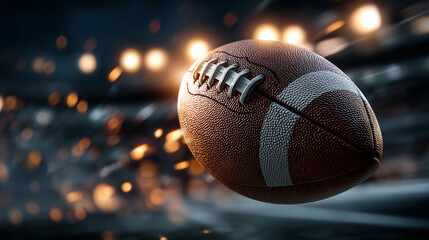 Low-angle view of football flying through stadium lights with motion blur

