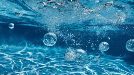 Air bubbles underwater in clear blue pool