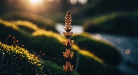 Sunlight highlights a plant in a mossy glen