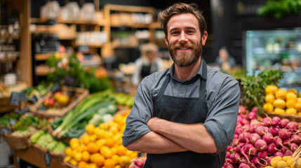 Smiling grocery store employee standing confidently among fresh produce