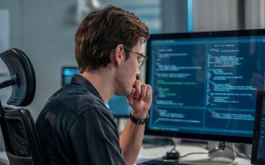 Software developer writing and reviewing code on multiple computer screens in a modern office.