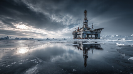 Oil drilling platform in Arctic landscape with melting ice and dramatic sky