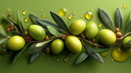 Fresh olives with oil drops on branch, 3D illustration
