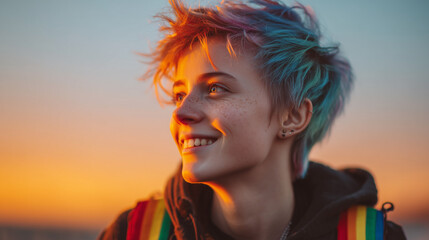 Portrait of a smiling young person with colorful hair at sunset