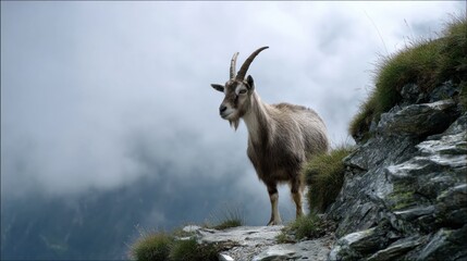 Fototapeta premium Mountain goat stands majestically on rocky cliff path, showcasing its coarse fur and impressive horns against backdrop of dramatic clouds. scene evokes sense of wilderness and adventure