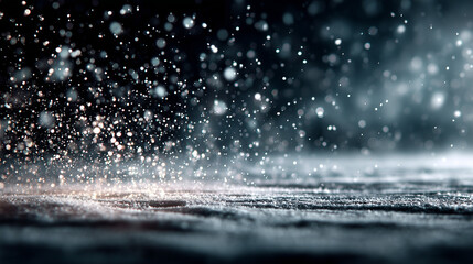 Snowfall on dark background with sparkling light bokeh
