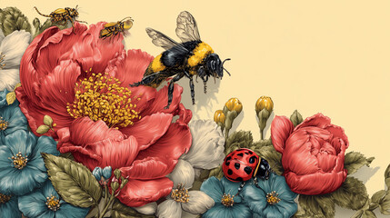 Spring flowers with bee and ladybug illustration
