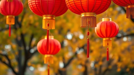 Obraz premium Vibrant red lanterns with golden tassels, glowing against autumn foliage, celebrating festive joy.