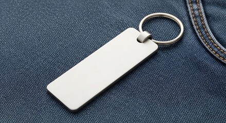 Blank silver keychain on denim fabric, perfect for branding, gifts, or personalized designs in a modern lifestyle