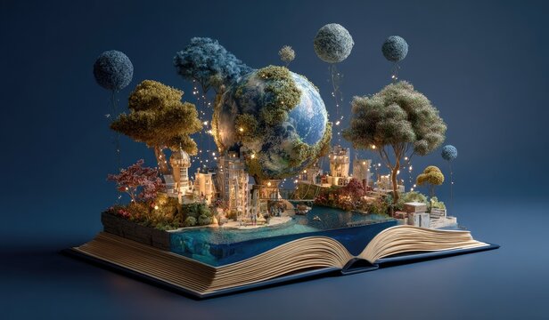 A fantastical miniature world nestled within an open book, featuring a miniature Earth, whimsical trees, and glowing structures - Powered by Adobe