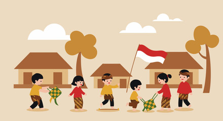 Vector illustration of Indonesian children playing traditional games, celebrating Independence Day in a village setting with warm earthy tones, flat style illustration