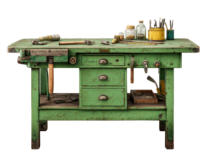 Antique green workbench cluttered with tools and supplies