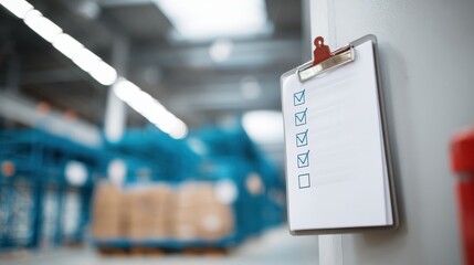Clipboard with checklist hangs on wall in warehouse, surrounded by stacked boxes and shelves. scene conveys organization and efficiency in storage environment