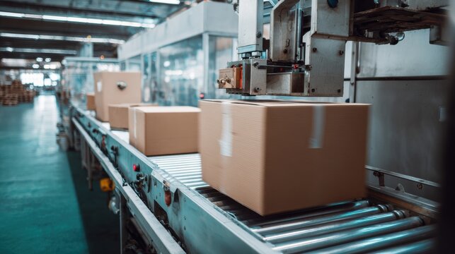 Automated packaging system in factory with cardboard boxes moving along conveyor belt. efficient machinery showcases modern industrial processes and productivity
