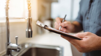 Person inspecting kitchen sink while taking notes on clipboard, showcasing attention to detail and professionalism in plumbing maintenance