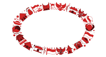 Vector illustration of Indonesian Independence Day icons arranged in an oval frame on a white background, featuring red and white imagery, conveying a patriotic mood,