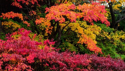 Vibrant autumn foliage displays a stunning array of reds, oranges, and yellows, with lush greenery in a picturesque garden setting.
