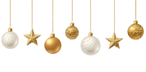 Christmas balls hanging with a string, Christmas shiny baubles ornaments on transparent background, PNG file